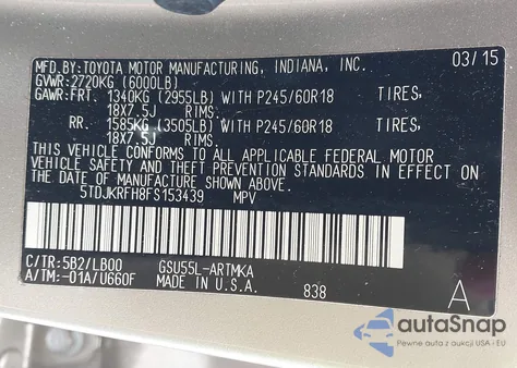 2015 Toyota Highlander from USA, damaged, VIN 5TDJKRF8FS153439